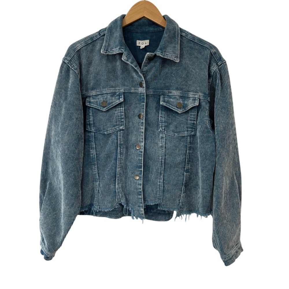 POL Blue Striped Denim Jean Jacket with Raw Hem
